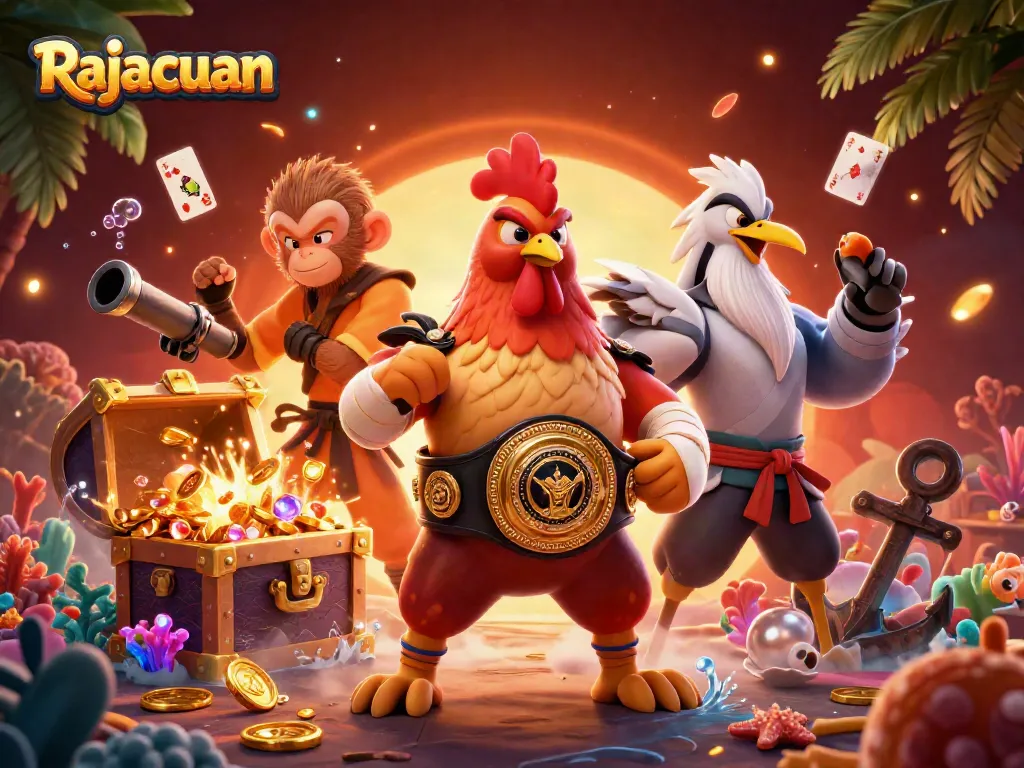 Engage with Rajacuan's vibrant casino atmosphere featuring dynamic characters, gold coins, and colorful game elements.