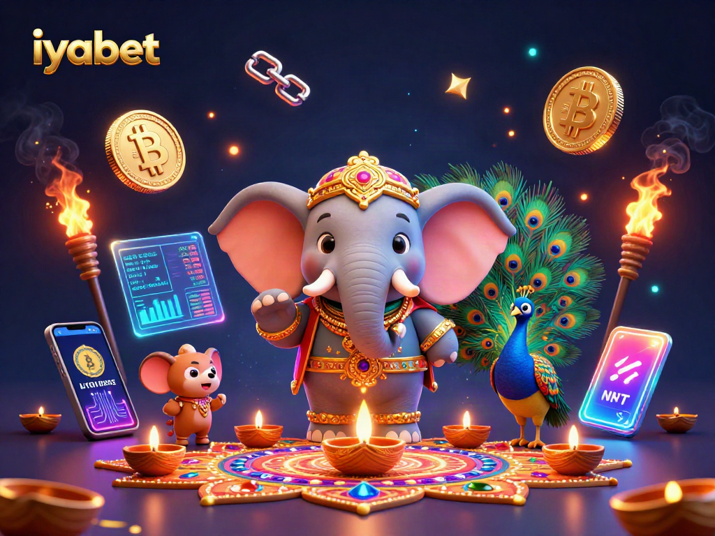 Engage with iyabet's vibrant gaming scene featuring a colorful elephant and crypto elements.