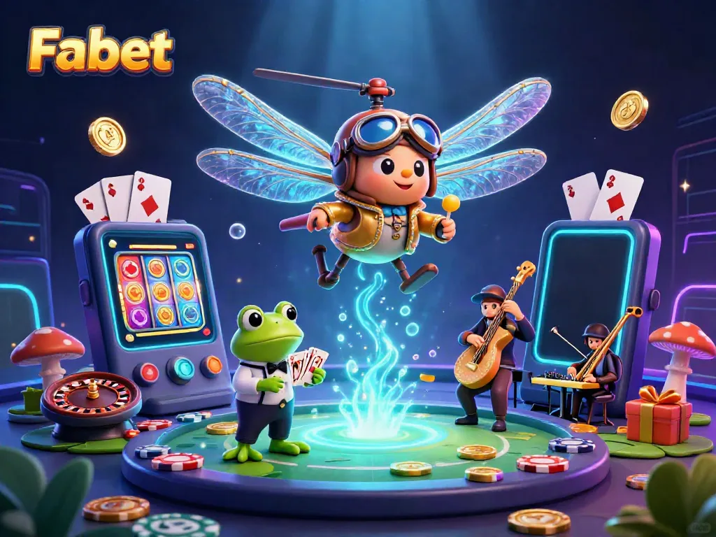 Experience the excitement of Fabet with vibrant 3D casino illustration showcasing action-packed gaming elements and characters.