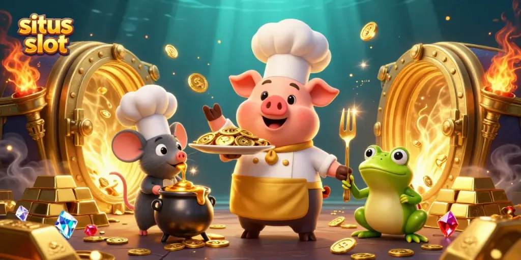Experience the thrill at situs slot with our engaging illustration of a chef pig serving golden treasures.