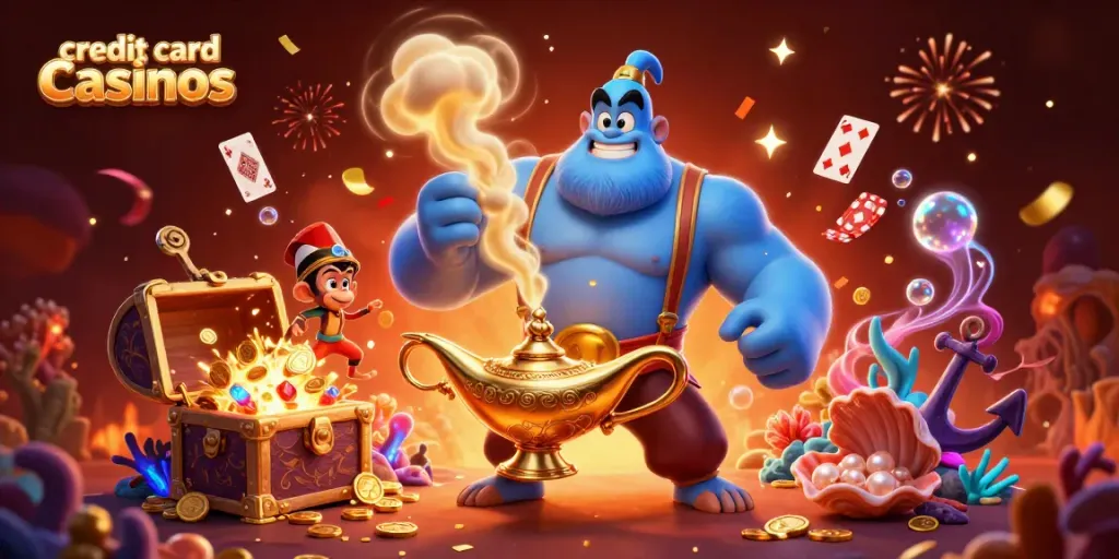 Engage with vibrant credit card casinos featuring a genie, monkey, and a treasure-laden background.