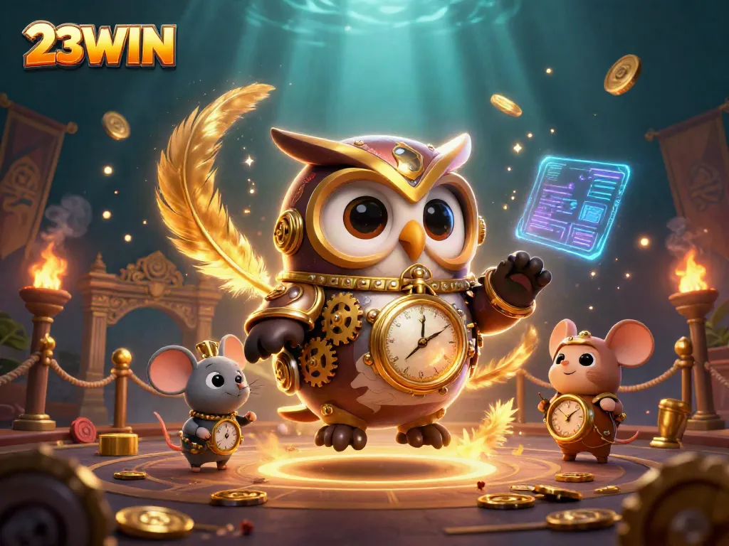 Experience the thrill of 23WIN casino with a dynamic steampunk owl illustration.