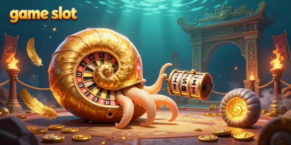 Spin the game slot with our cartoon nautilus and vibrant casino elements in a rich 3D illustration.