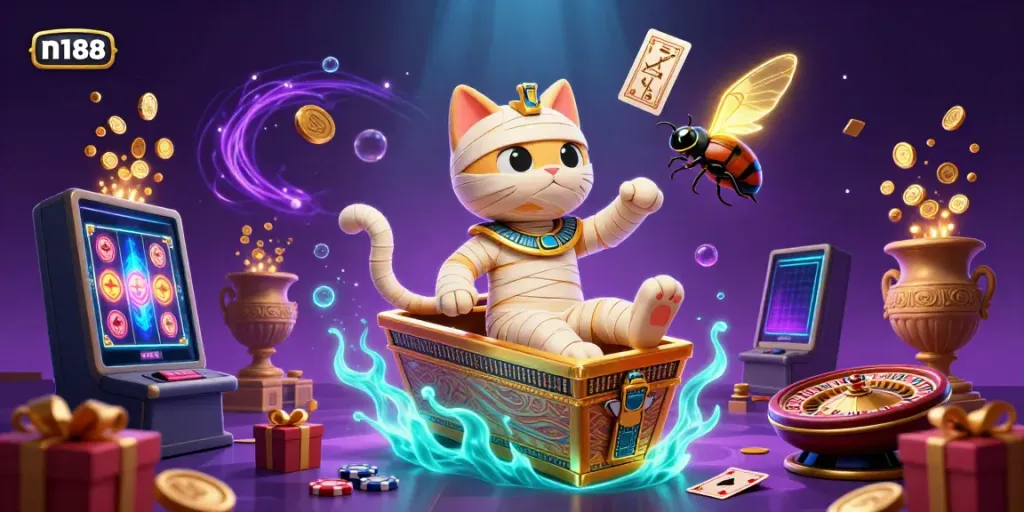 Experience thrilling gameplay at n188 with an exciting casino scene featuring a mummy cat and golden scarab.