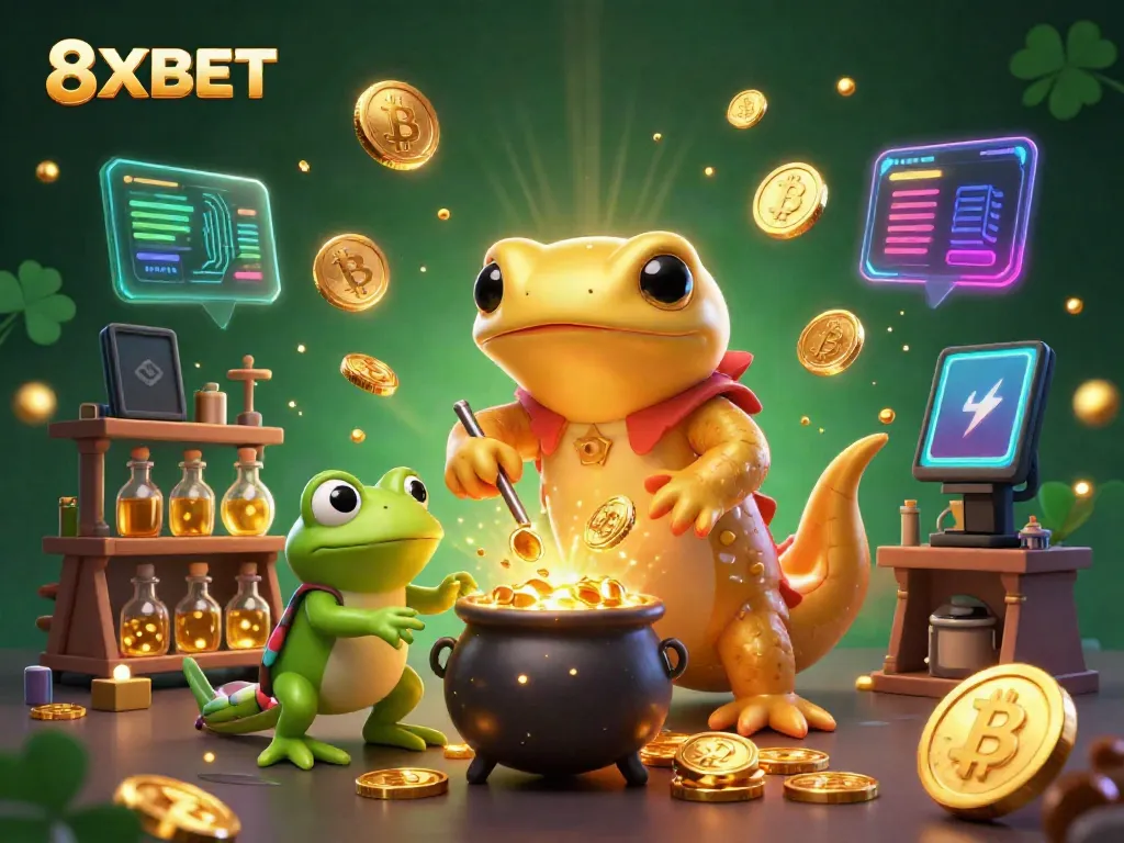 Experience 8XBET through a magical scene of gold creation in a fantasy casino world.