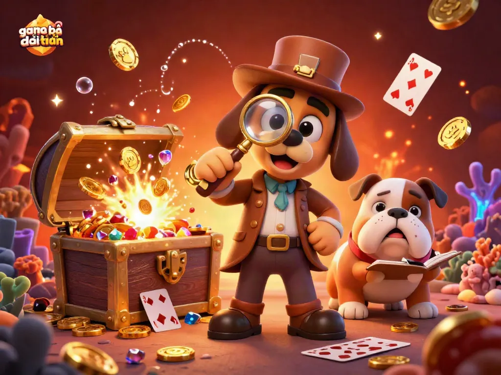 Engage in game bài đổi thưởng with a detective dog duo exploring clues and treasure in a vibrant casino-themed scene.