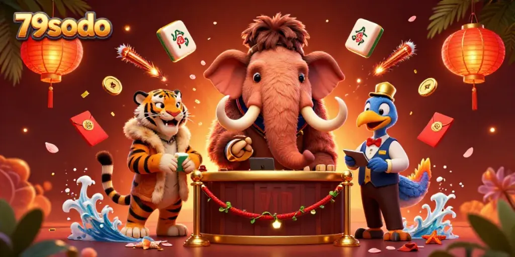 Experience thrilling gaming action at 79sodo with vibrant characters and festive decorations.