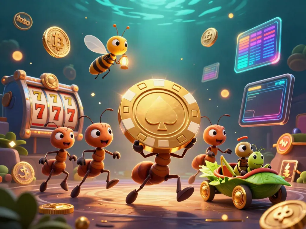 Engage in toto-themed adventures with playful ants, slot reels, and glowing crypto in a vibrant casino heist scene.