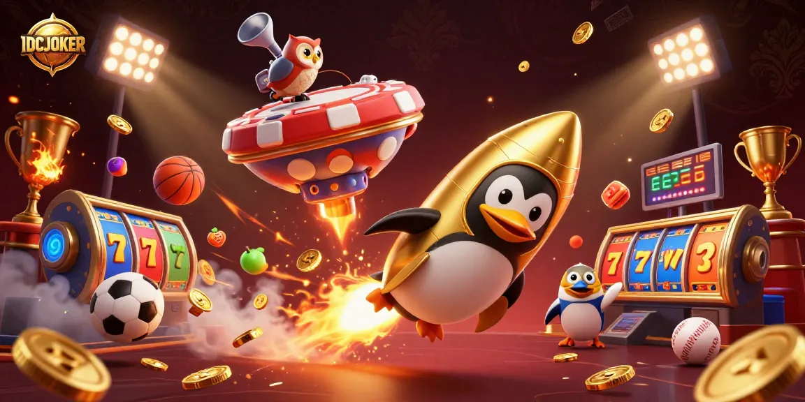 IDCJOKER gaming scene with a golden penguin, vibrant slot reels, and dynamic sports elements