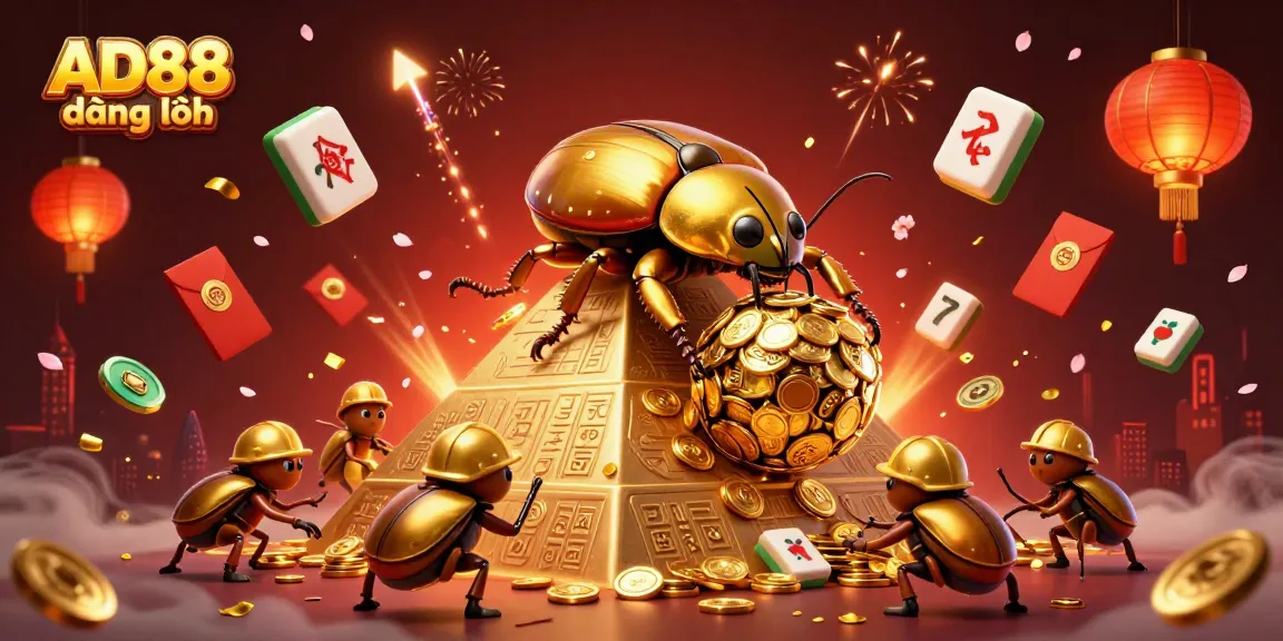 Experience the excitement of AD88 đăng nhập with a vibrant 3D illustration showcasing golden beetles and casino symbols.