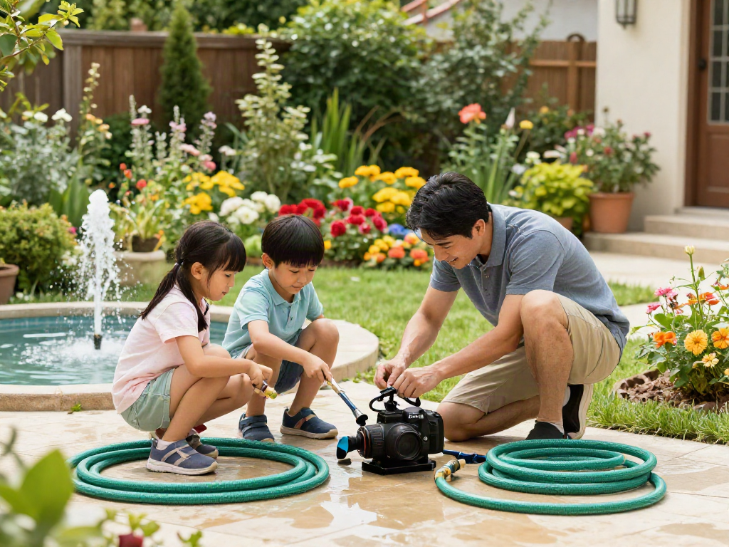 Instalación de bombas de agua en Venezuela en jardín familiar con herramientas y niños.