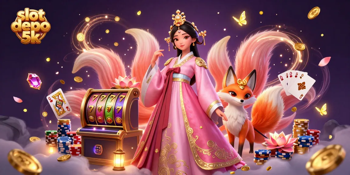 Experience the thrill of slot depo 5k with this vibrant 3D illustration featuring an Asian woman and a lucky fox.