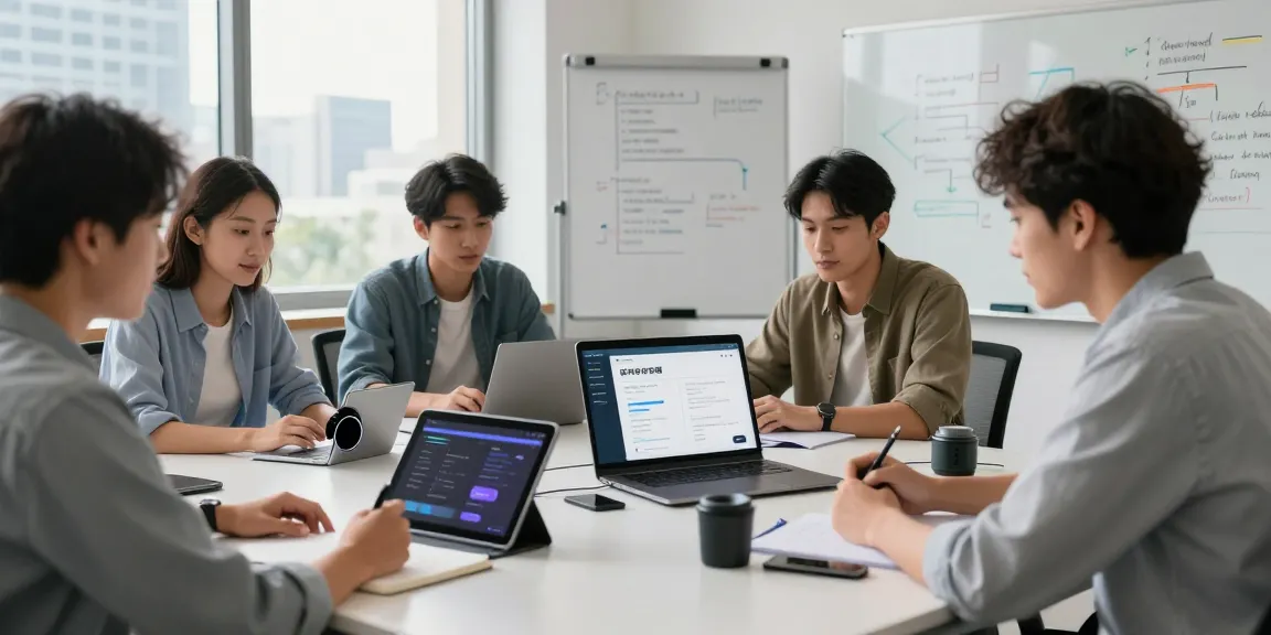 Collaboration on 纸飞机中文版 app in a modern tech workspace with developers brainstorming.