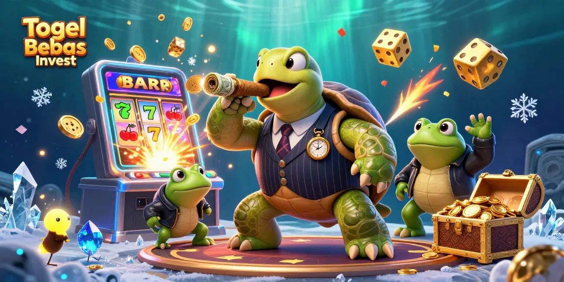 Togel Bebas Invest celebrates winning moments with a colossal turtle and frog enforcers amidst a vibrant slot machine.