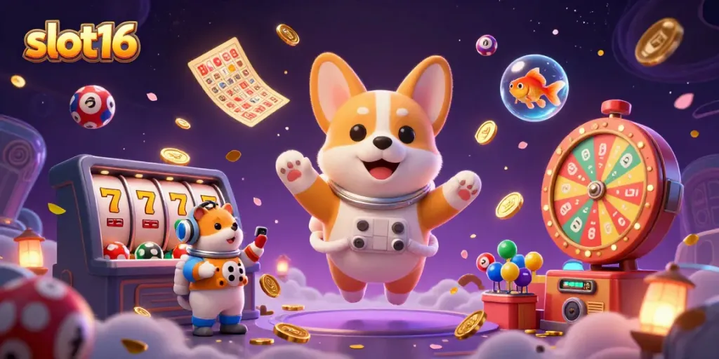 Experience the excitement of slot16 in this vibrant casino scene with floating characters and dynamic elements.