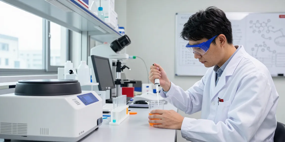 Scientist measuring SwissChems peptides in a professional lab environment with sterile equipment and vibrant liquids.