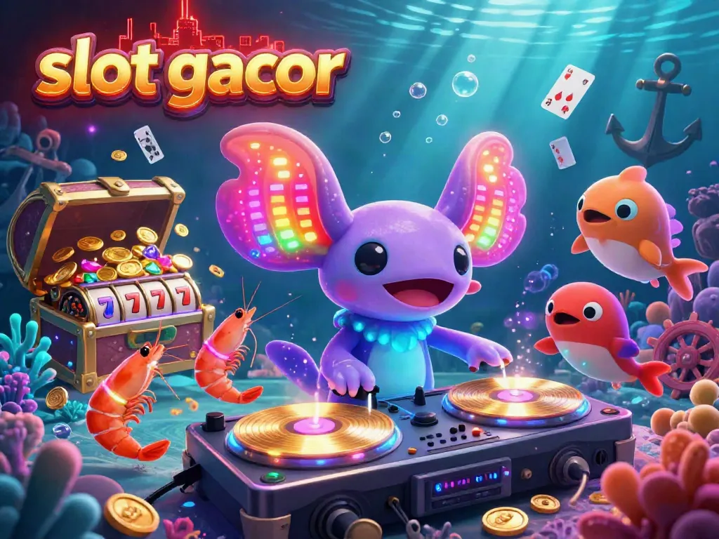 Ilustrasi 3D slot gacor menampilkan DJ axolotl cerah dengan rekan-rekan unik menjelajahi dunia kasino bawah laut yang penuh keceriaan.