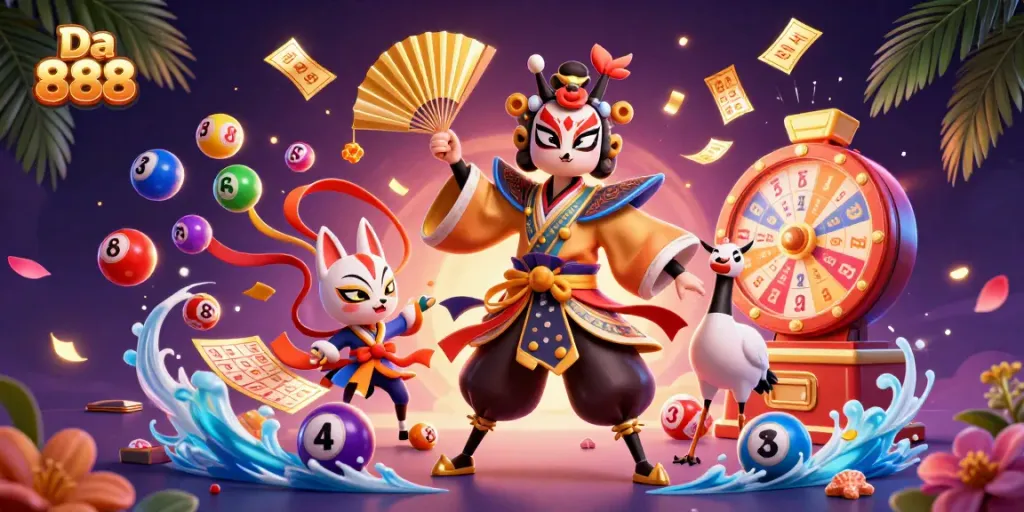 Experience the thrill of Da 888 with vibrant 3D casino elements and dynamic characters.