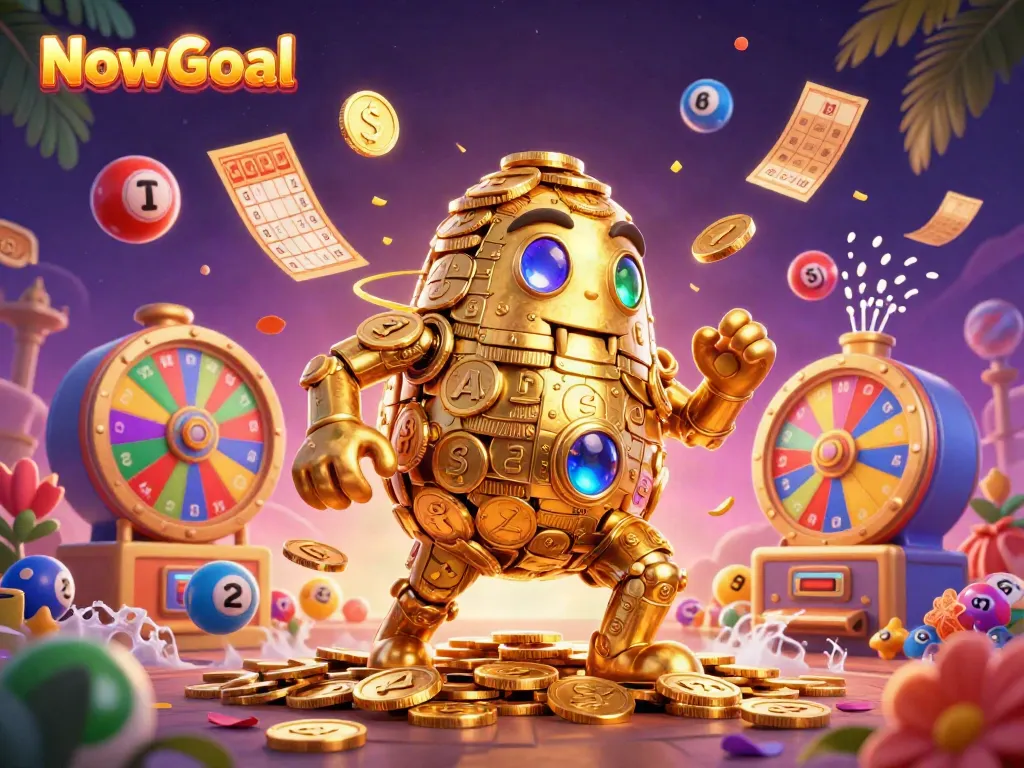 NowGoal creates an energetic scene with a golden golem and vibrant gambling elements in a 3D illustration.
