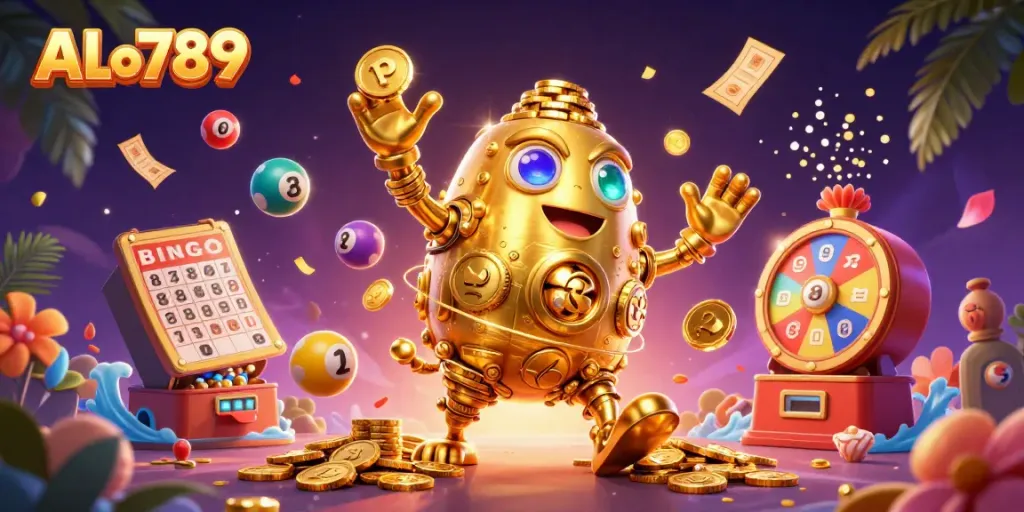 Experience the excitement of ALo789, featuring a vibrant golden golem and dynamic gaming elements.