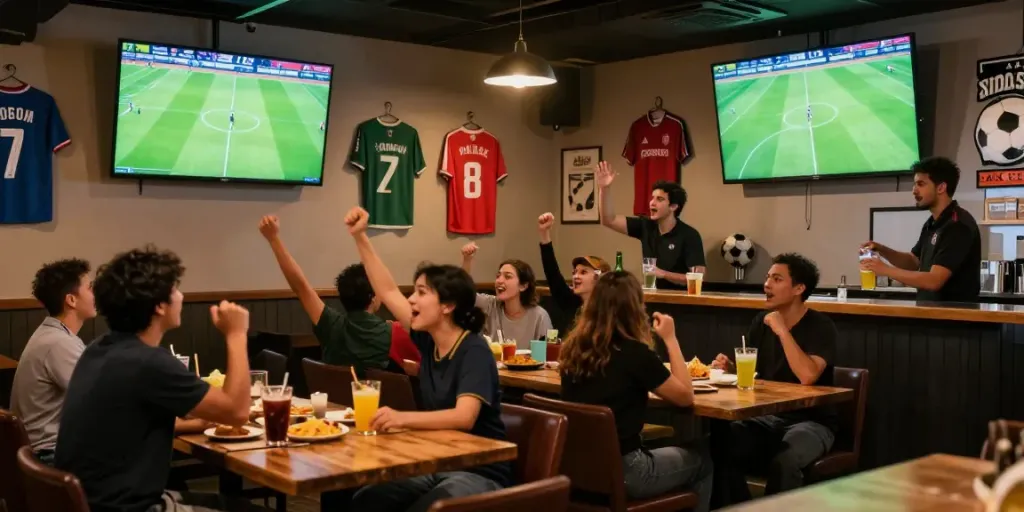 Fans watching live football matches at a lively sports bar, showcasing tebakskor889.org's community spirit.