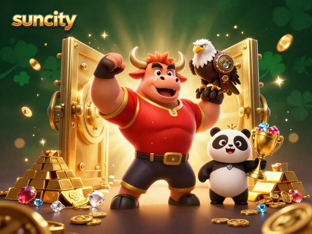 Win big with Suncity as muscular bull, eagle, and panda celebrate casino winnings
