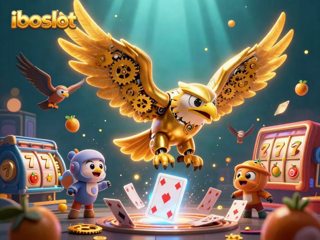 Engage with iboslot in an exciting 3D illustration showcasing a golden eagle amidst slot reels and holographic cards.