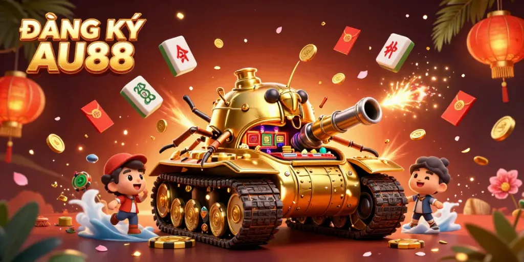 Experience the excitement of ĐĂNG KÝ AU88 with a vibrant 3D casino illustration full of festive elements.