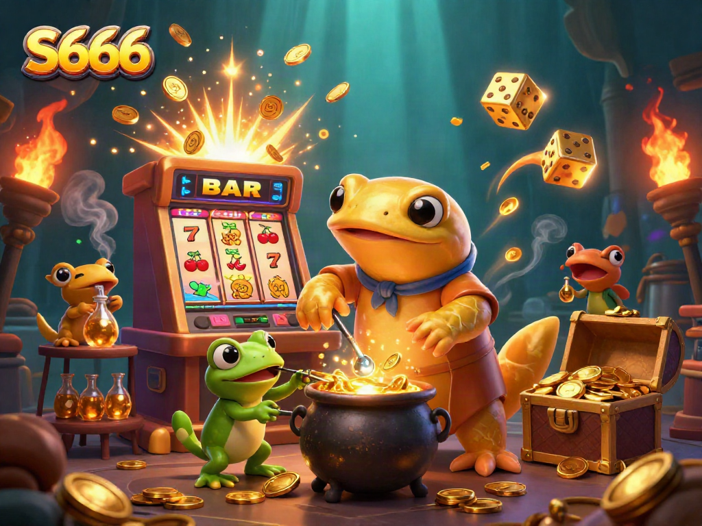 Experience S666's vibrant gaming magic with a golden alchemist and lively characters!