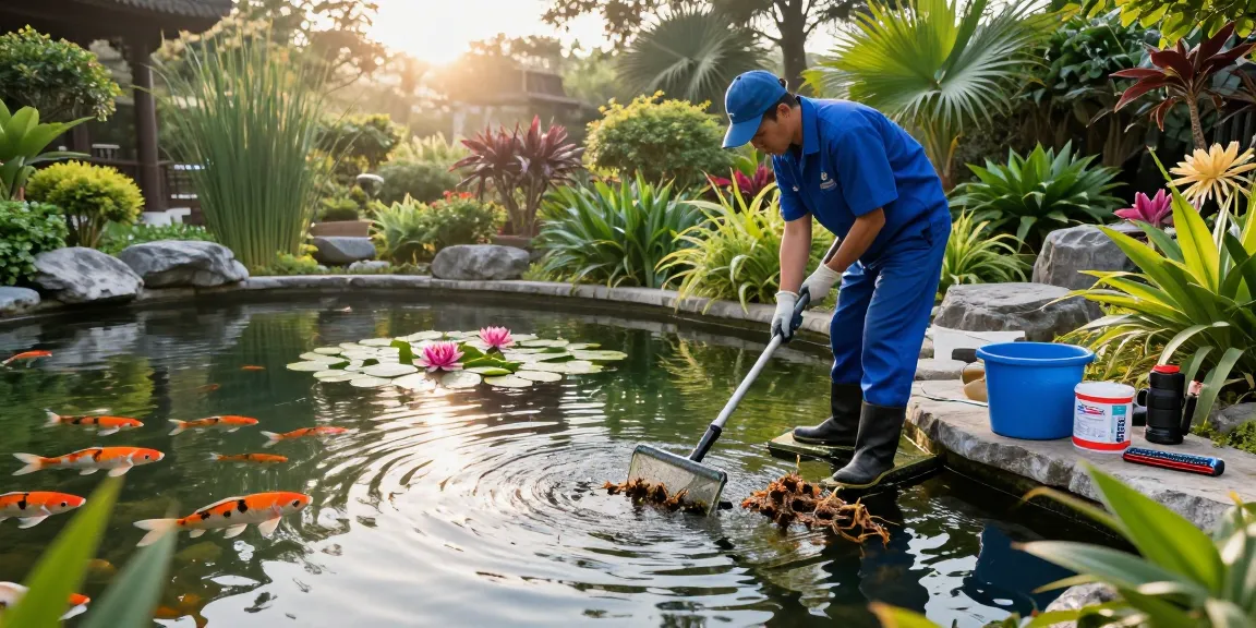 Pond Cleaning Essex - Professional cleaning of a vibrant pond with koi fish, lush greenery, and aquatic plants at dawn.