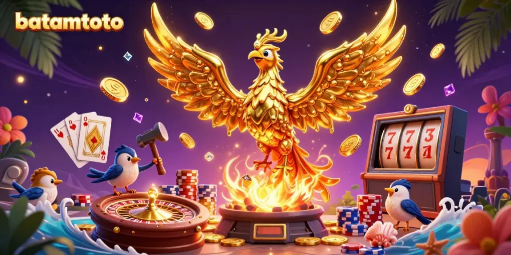 Experience batamtoto's gaming magic with a golden phoenix and casino elements in a vibrant scene.