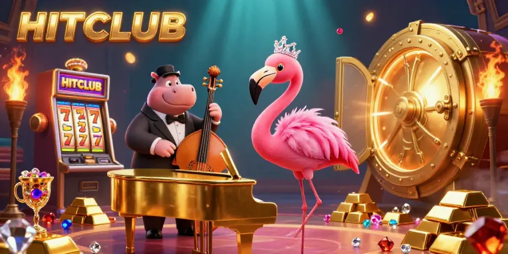 Experience HITCLUB's vibrant casino scene with a flamingo singer, hippo bassist, and stunning slot machines.