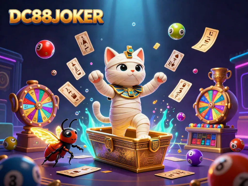 Engage with DC88JOKER in an exhilarating online casino scene featuring a cartoon mummy and vibrant gaming elements.
