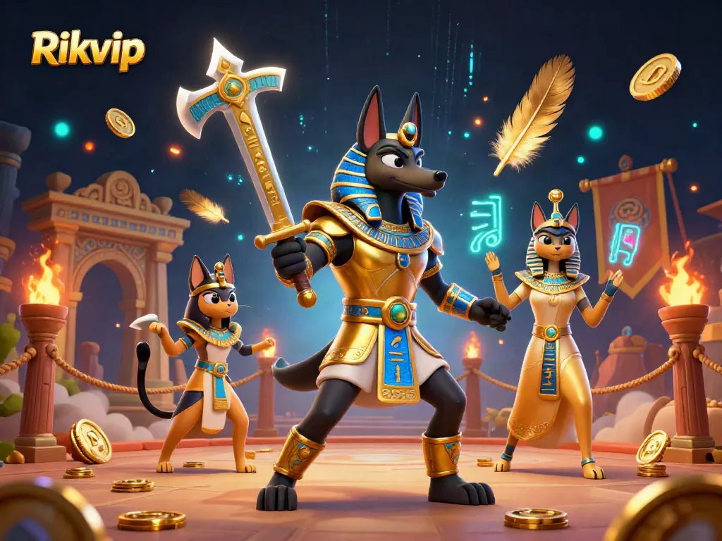 Engage with Rikvip's vibrant online casino scene featuring Anubis and Bastet, surrounded by golden tokens and dynamic elements.
