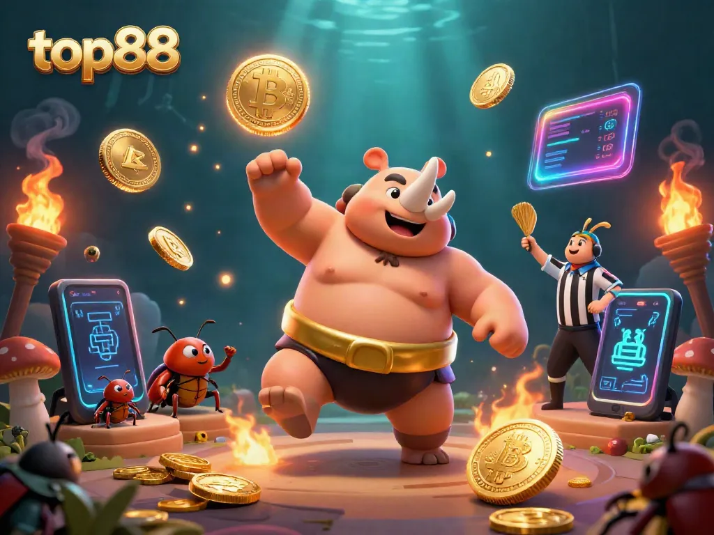 Experience top88 gameplay with a dynamic showdown featuring beetle champions and crypto elements in a vibrant casino setting.