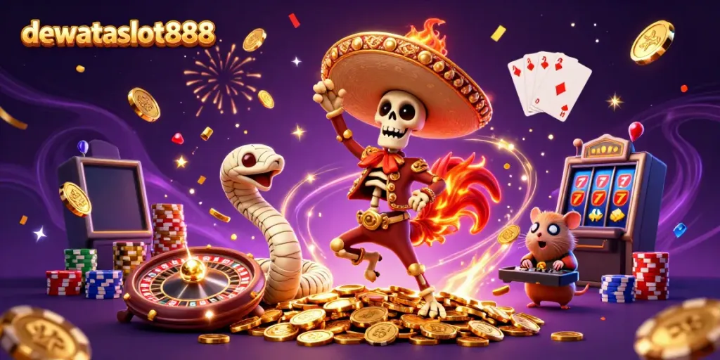 Gambarkan aksi meriah di dewataslot888 dengan skeleton mariachi, ular mummy, dan DJ hamster zombie di kasino.