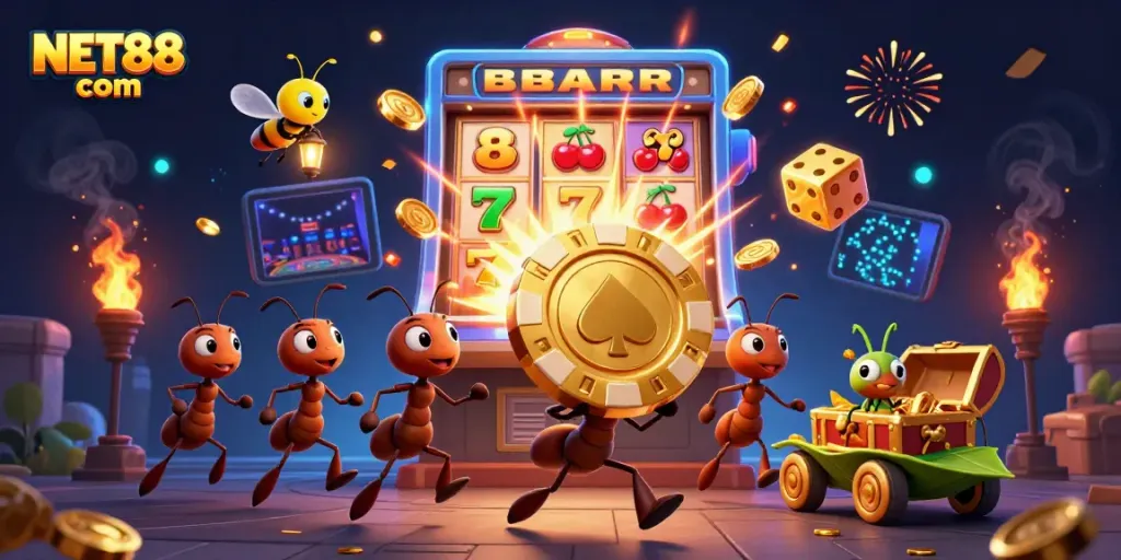 Experience the excitement of NET88 com with cartoon ants heisting a giant poker chip amid a dynamic casino scene.