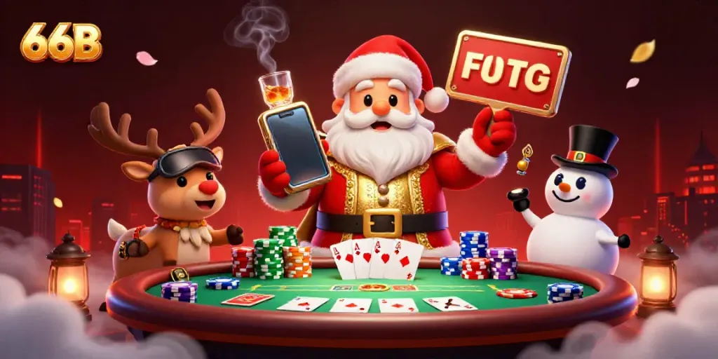 Experience the festive spirit of 66B with Santa, a reindeer dealer, and a poker chip snowman in a vibrant casino scene.