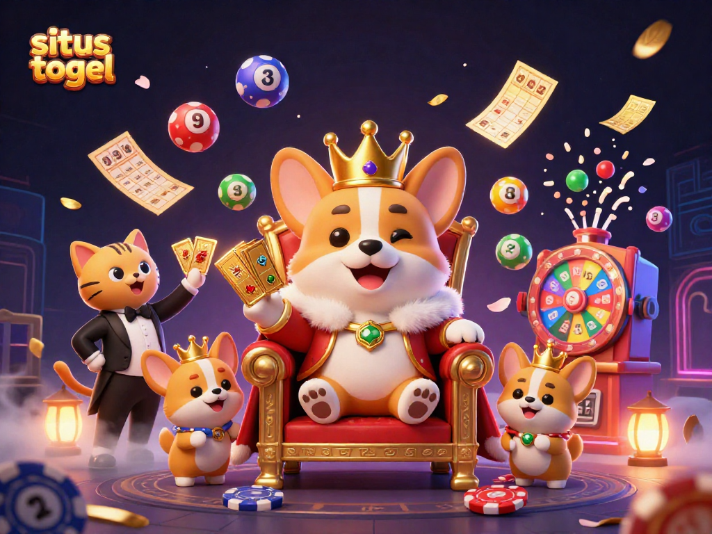 Join the excitement of situs togel with a royal corgi and dynamic lottery elements in a vibrant gambling scene.