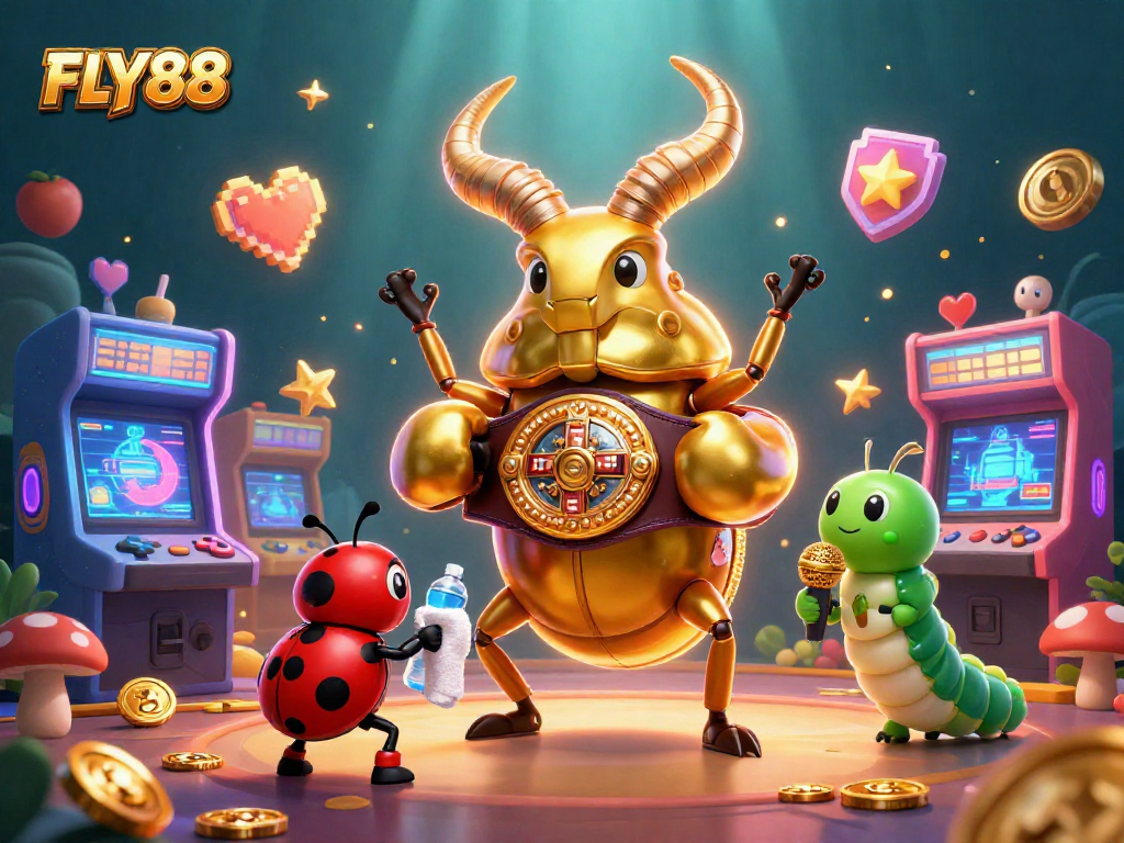 FLY88 showcases an exciting casino atmosphere with a giant golden stag beetle and vibrant gaming elements.