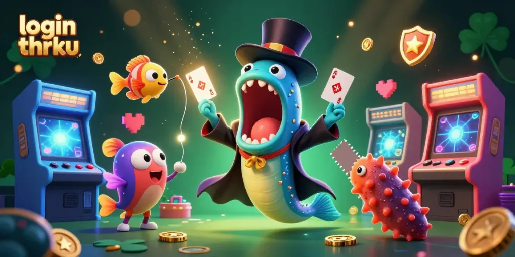 Engage with login thrku and witness thrilling card tricks by a bioluminescent eel in a vibrant casino scene.