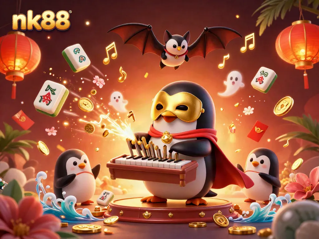 Engage in nk88 gaming excitement with a penguin character playing a pipe organ shooting coins.