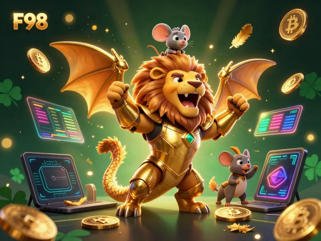 Experience top-tier gaming with F98 in this 3D casino illustration showcasing a golden chimera and crypto elements.