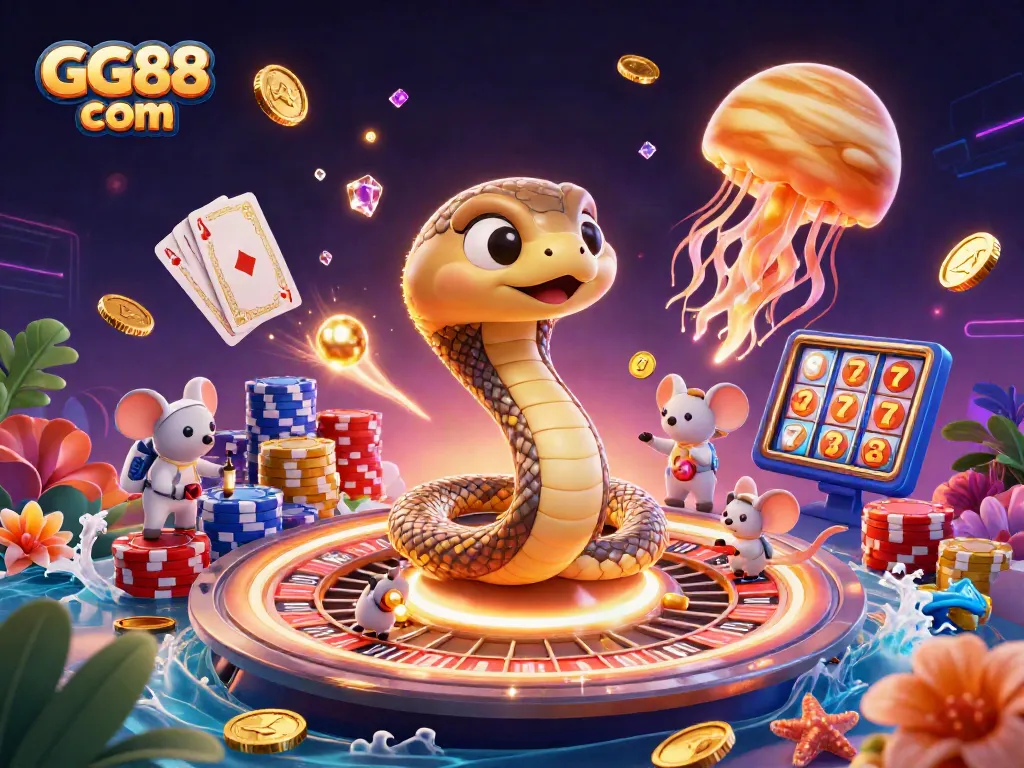 Bet on GG88 com's vibrant 3D casino scene featuring unique characters and dynamic gaming elements.