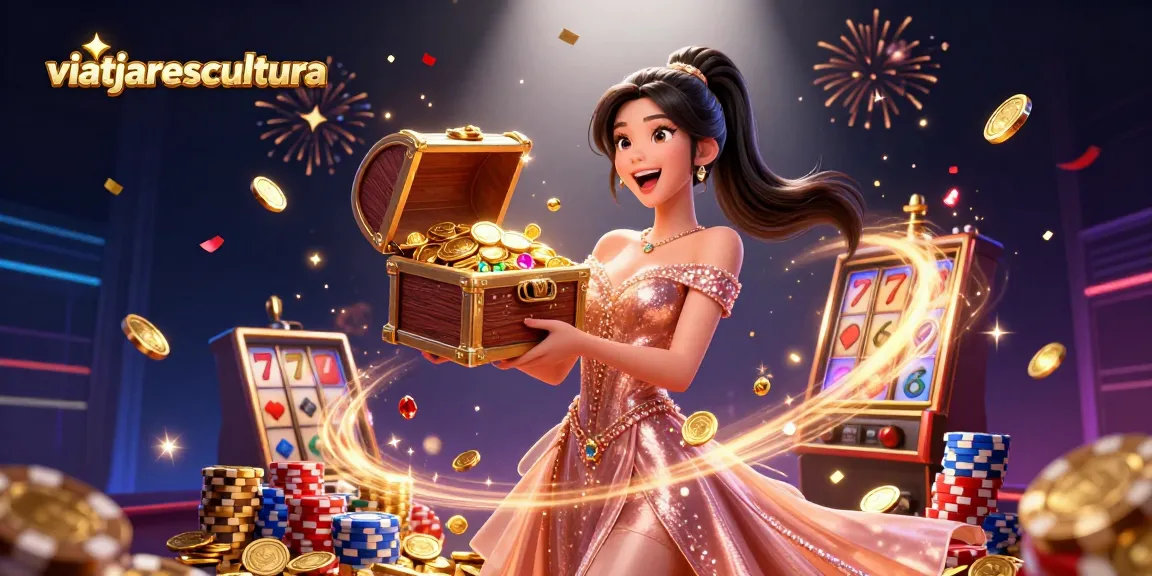 Experience captivating jackpots with viatjarescultura's vibrant casino celebration, showcasing a treasure chest overflowing with riches.
