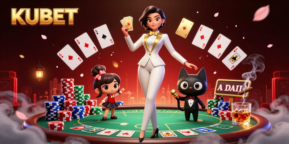 KUBET blackjack experience with a glamorous dealer and a cute tuxedoed cat amidst colorful poker chips.