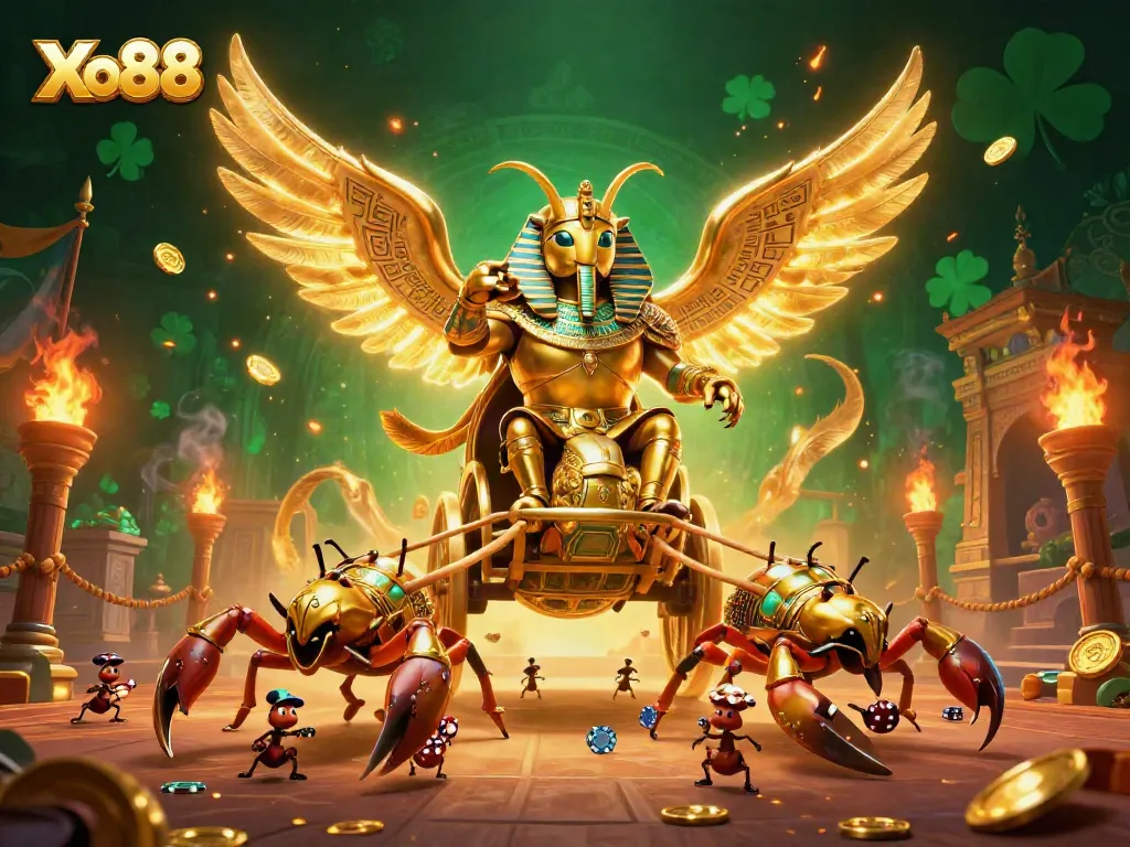 Xo88 welcomes players with an exciting, dynamic 3D illustration featuring a golden beetle and scorpions amidst casino elements.