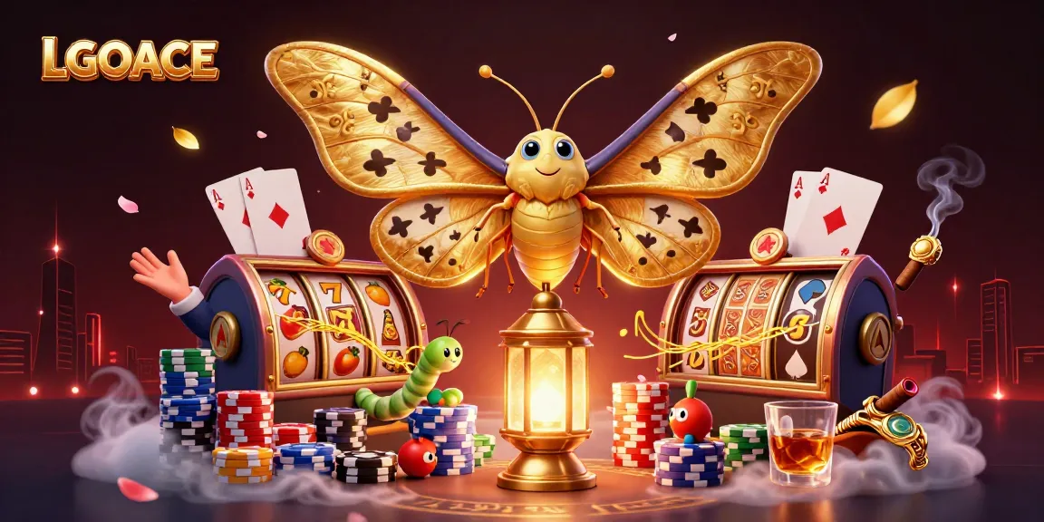 LGOACE slot demonstration featuring a vibrant 3D atlas moth with casino motifs and colorful poker elements.