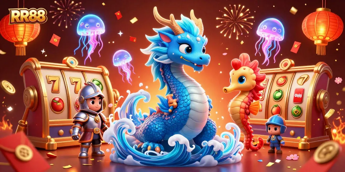 Engage in thrilling casino action with RR88, featuring a majestic water dragon and vibrant slot game elements.