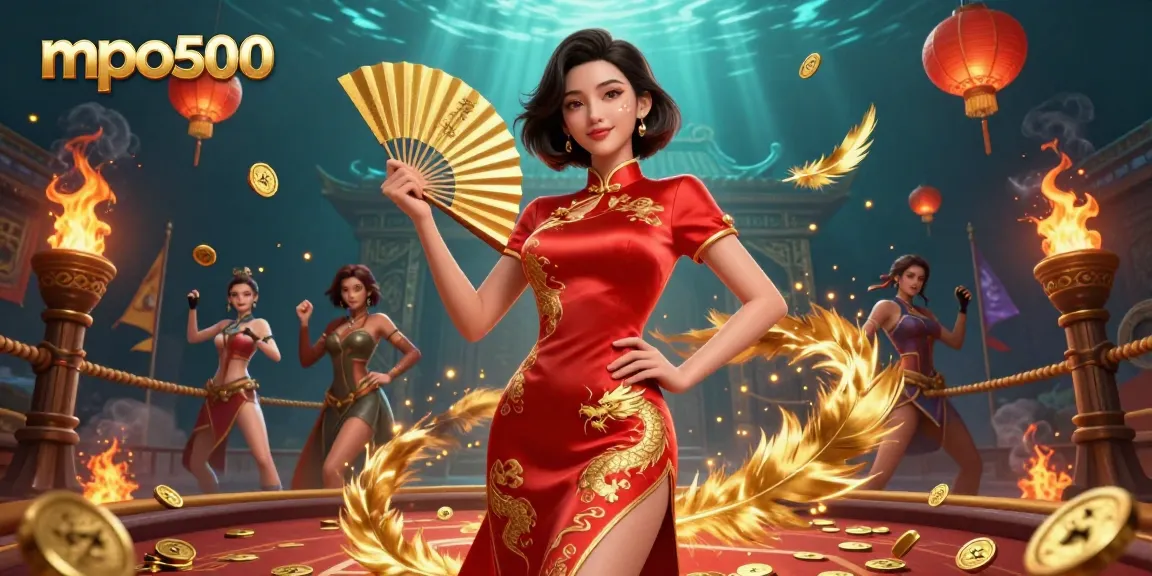 Win big with mpo500 in a vibrant 3D illustration showcasing a beautiful Asian woman surrounded by rich casino game elements.